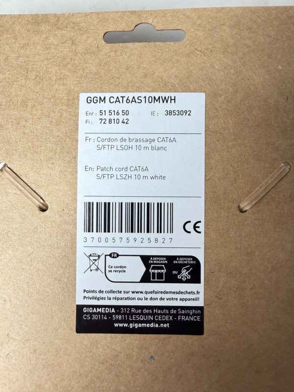 Gigamedia Câble RJ45 CAT6A S/FTP LSZH 10m blanc patchcord